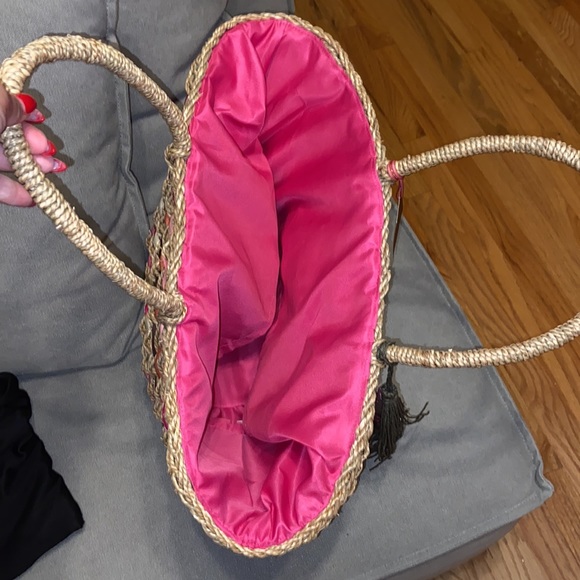 CYNTHIA ROWLEY Pink Multi Woven Beach/Picnic Drawstring Tote NWT $165 - Picture 5 of 9